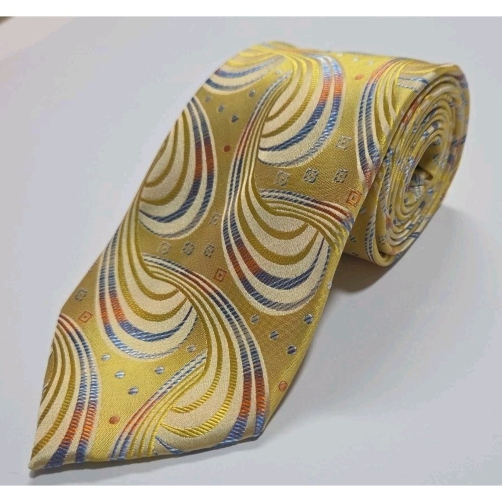 Seta Zone 100% Silk Tie Yellow W/ Blue Orange Waves 3.75x61